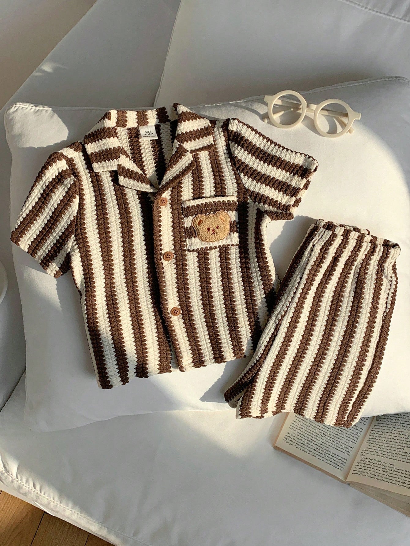 2pcs Boys Striped Knit Resort Collar Shirt & Shorts Set - Latte