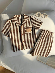 2pcs Boys Striped Knit Resort Collar Shirt & Shorts Set - Latte