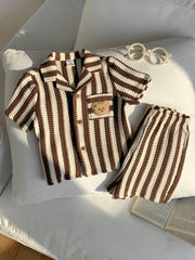 2pcs Boys Striped Knit Resort Collar Shirt & Shorts Set - Latte