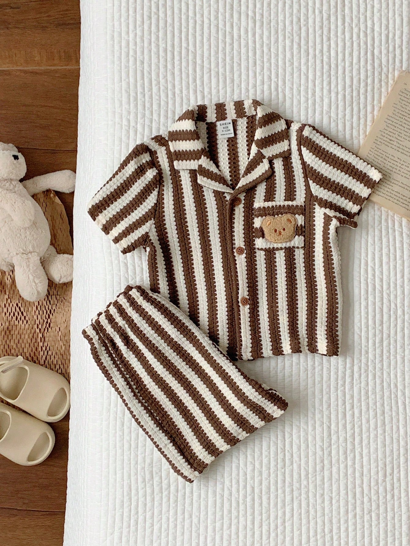 2pcs Boys Striped Knit Resort Collar Shirt & Shorts Set - Latte