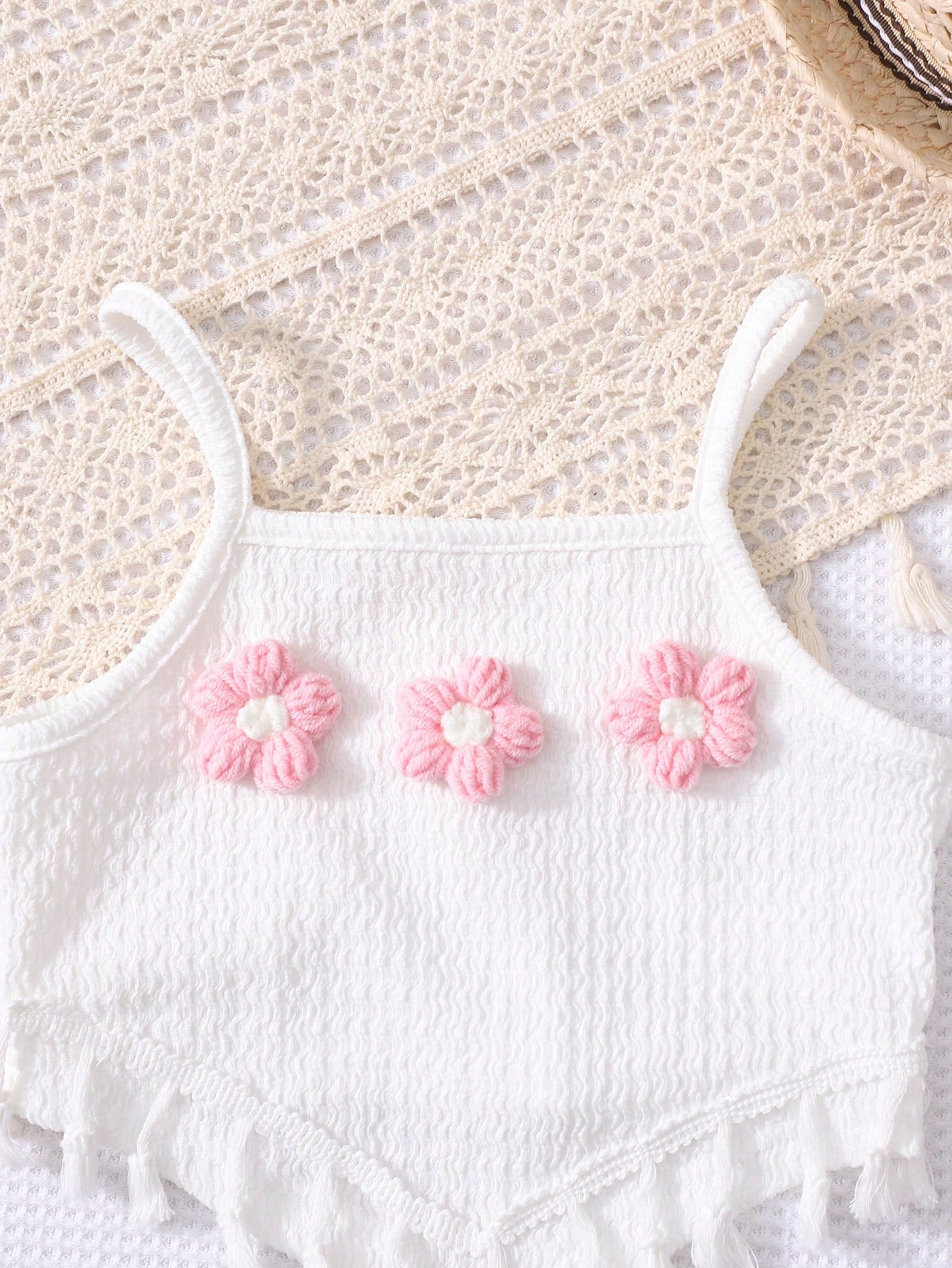 2pcs Girls 3D Floral Tassel Cami & Tiered Wide-Leg Pants - Dusty Rose