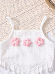 2pcs Girls 3D Floral Tassel Cami & Tiered Wide-Leg Pants - Dusty Rose