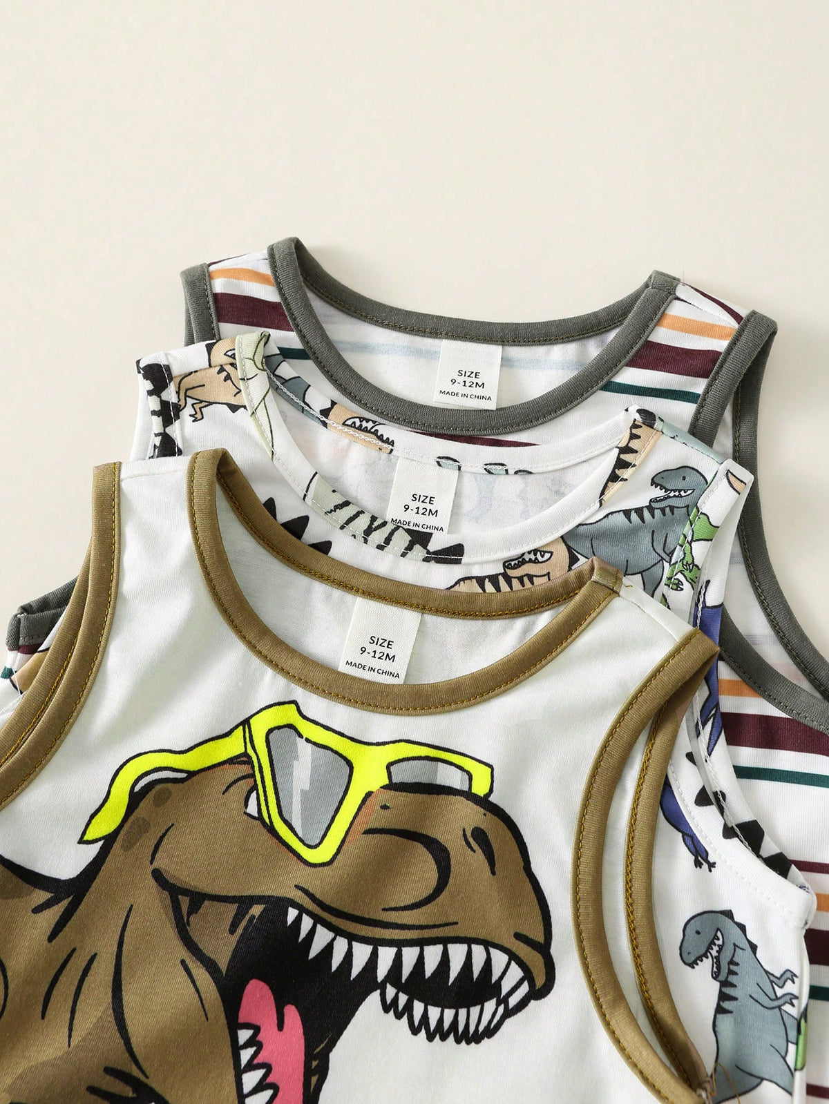 3pcs Boys Dinosaur Print & Stripe Tank Top Set - Ivory