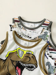 3pcs Boys Dinosaur Print & Stripe Tank Top Set - Ivory