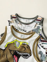 3pcs Boys Dinosaur Print & Stripe Tank Top Set - Ivory