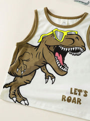 3pcs Boys Dinosaur Print & Stripe Tank Top Set - Ivory