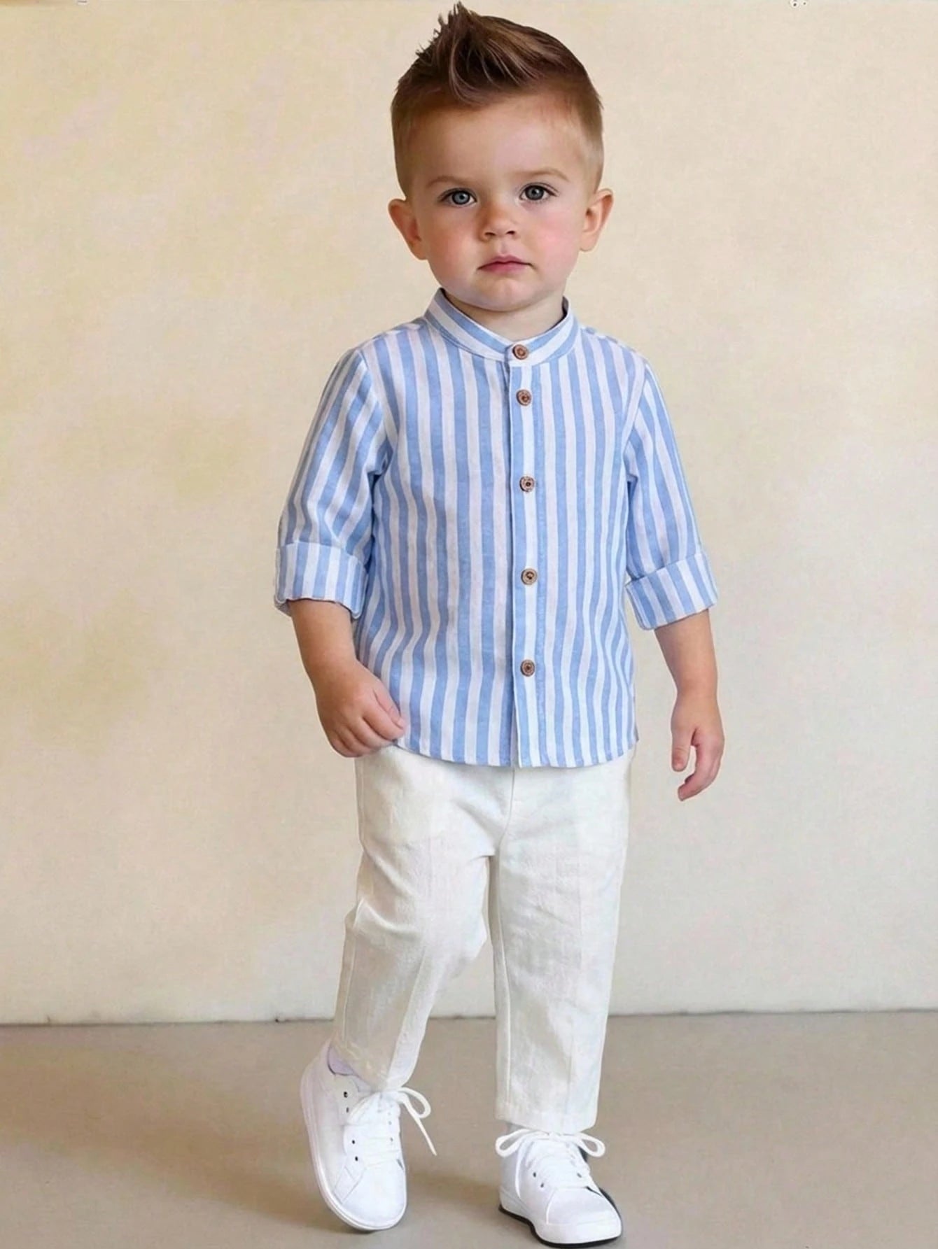 2pcs Boys Striped Mandarin Collar Shirt & Trousers Set - Cerulean |...