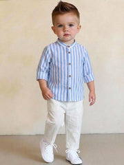 2pcs Boys Striped Mandarin Collar Shirt & Trousers Set - Cerulean |...
