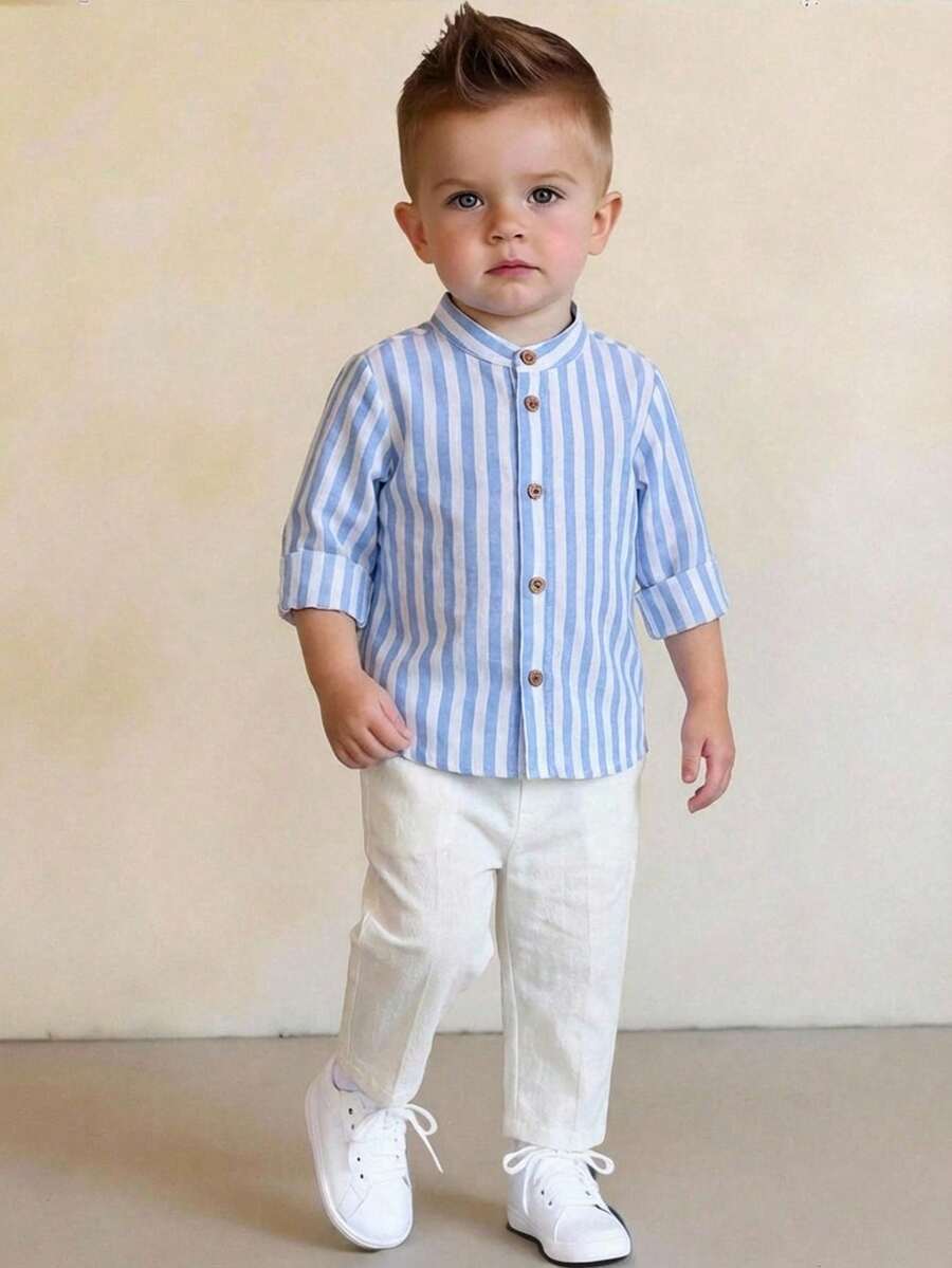 2pcs Boys Striped Mandarin Collar Shirt & Trousers Set - Cerulean |...