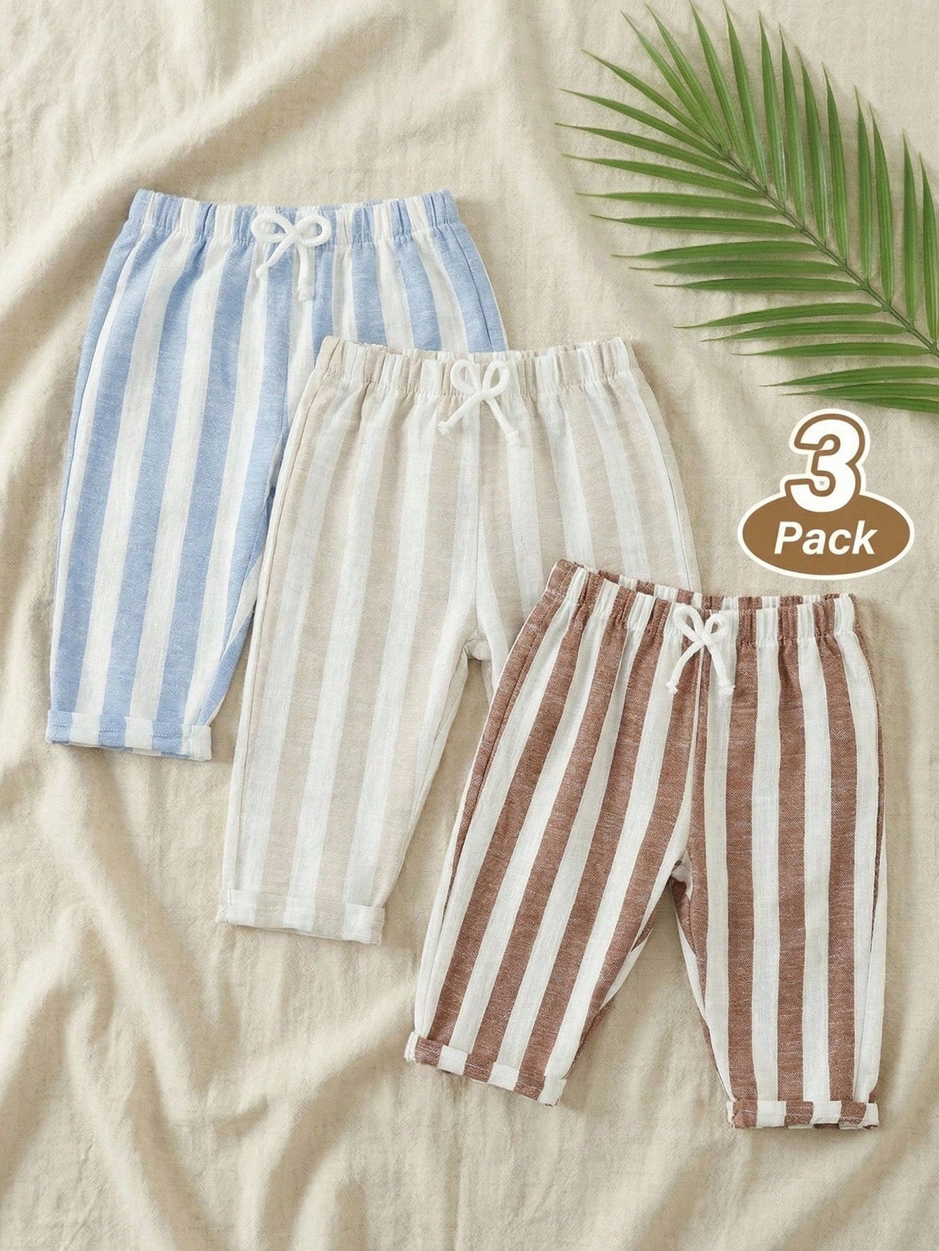 3pcs Boys Vertical Stripe Linen Tapered Trousers - Isabelline | 21 ...