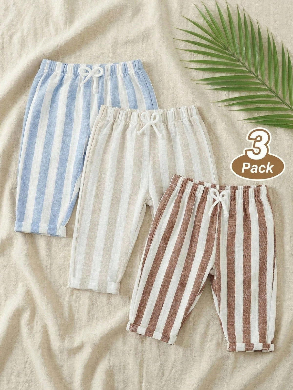 3pcs Boys Vertical Stripe Linen Tapered Trousers - Isabelline | 21 ...