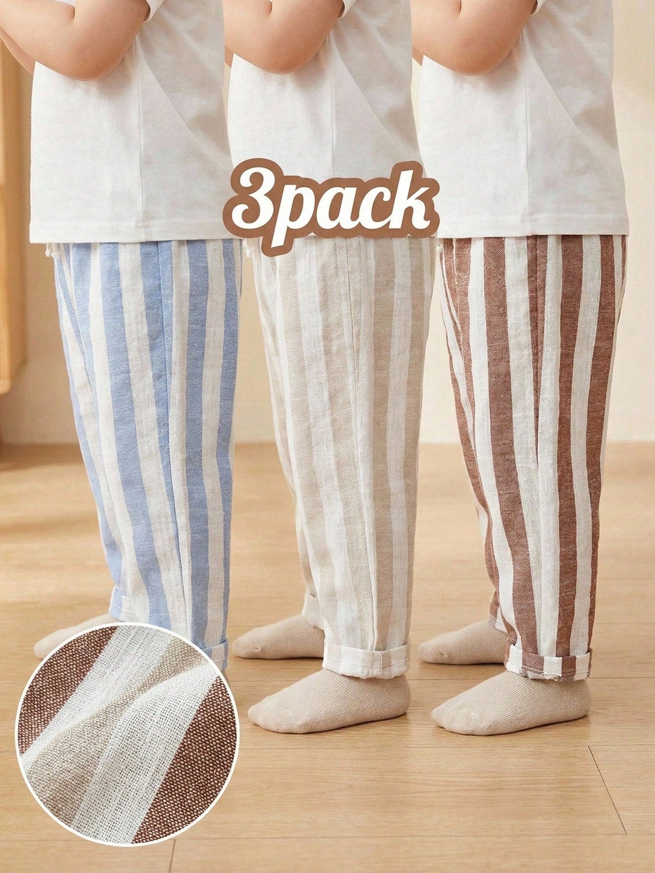 3pcs Boys Vertical Stripe Linen Tapered Trousers - Isabelline | 21 ...