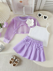 3pcs Girls Mesh Cover-Up, Camisole & Bow Pleated Skirt Set - Wister...