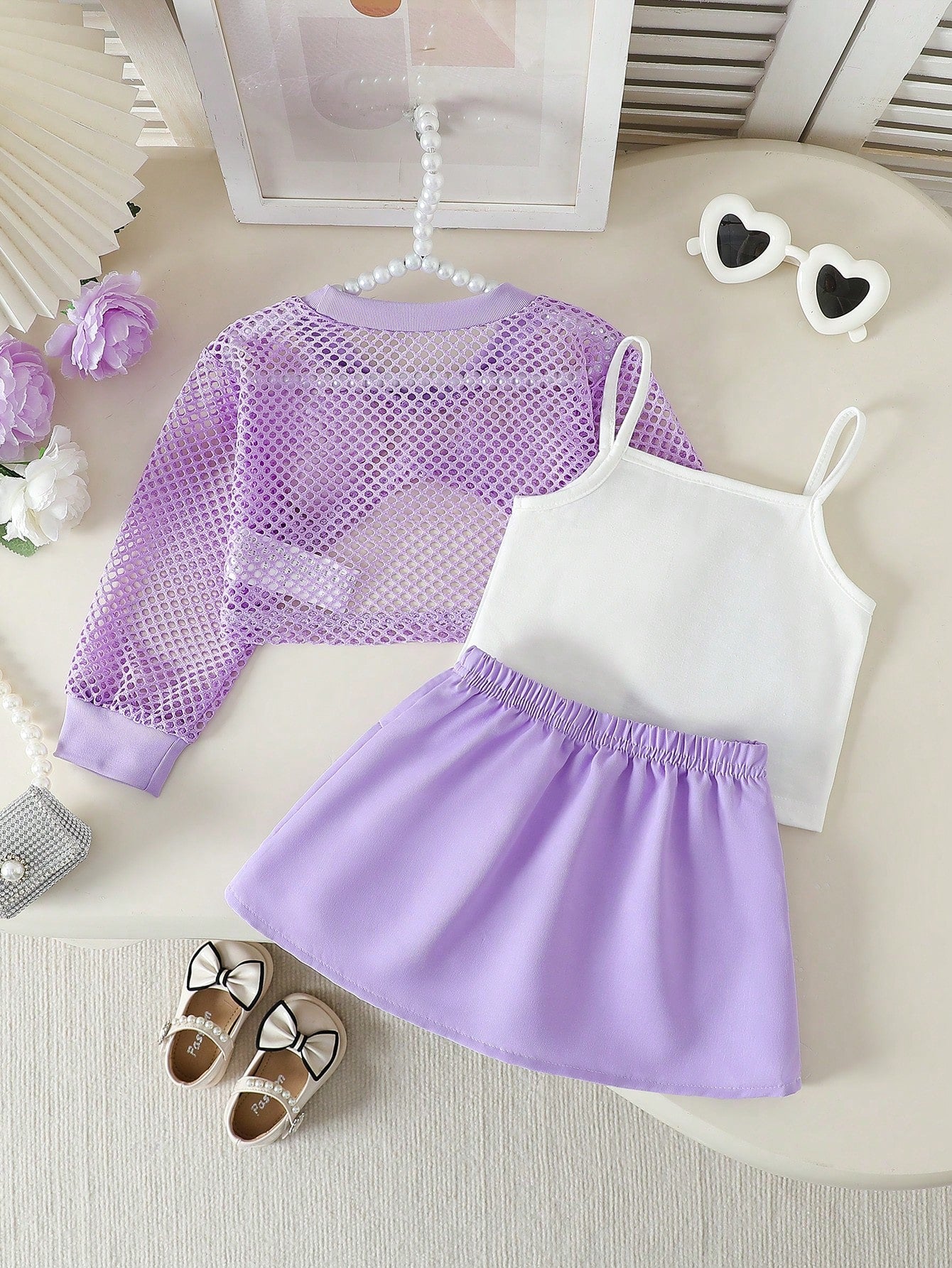 3pcs Girls Mesh Cover-Up, Camisole & Bow Pleated Skirt Set - Wister...