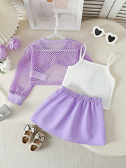 3pcs Girls Mesh Cover-Up, Camisole & Bow Pleated Skirt Set - Wister...