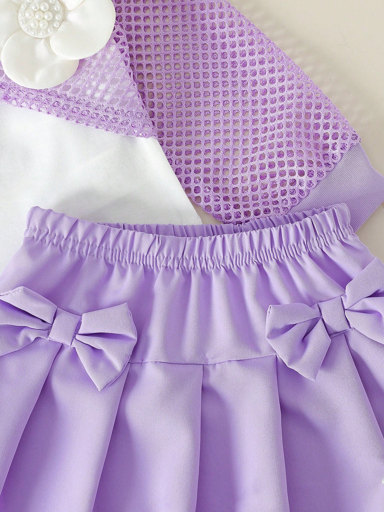 3pcs Girls Mesh Cover-Up, Camisole & Bow Pleated Skirt Set - Wister...