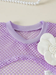3pcs Girls Mesh Cover-Up, Camisole & Bow Pleated Skirt Set - Wister...