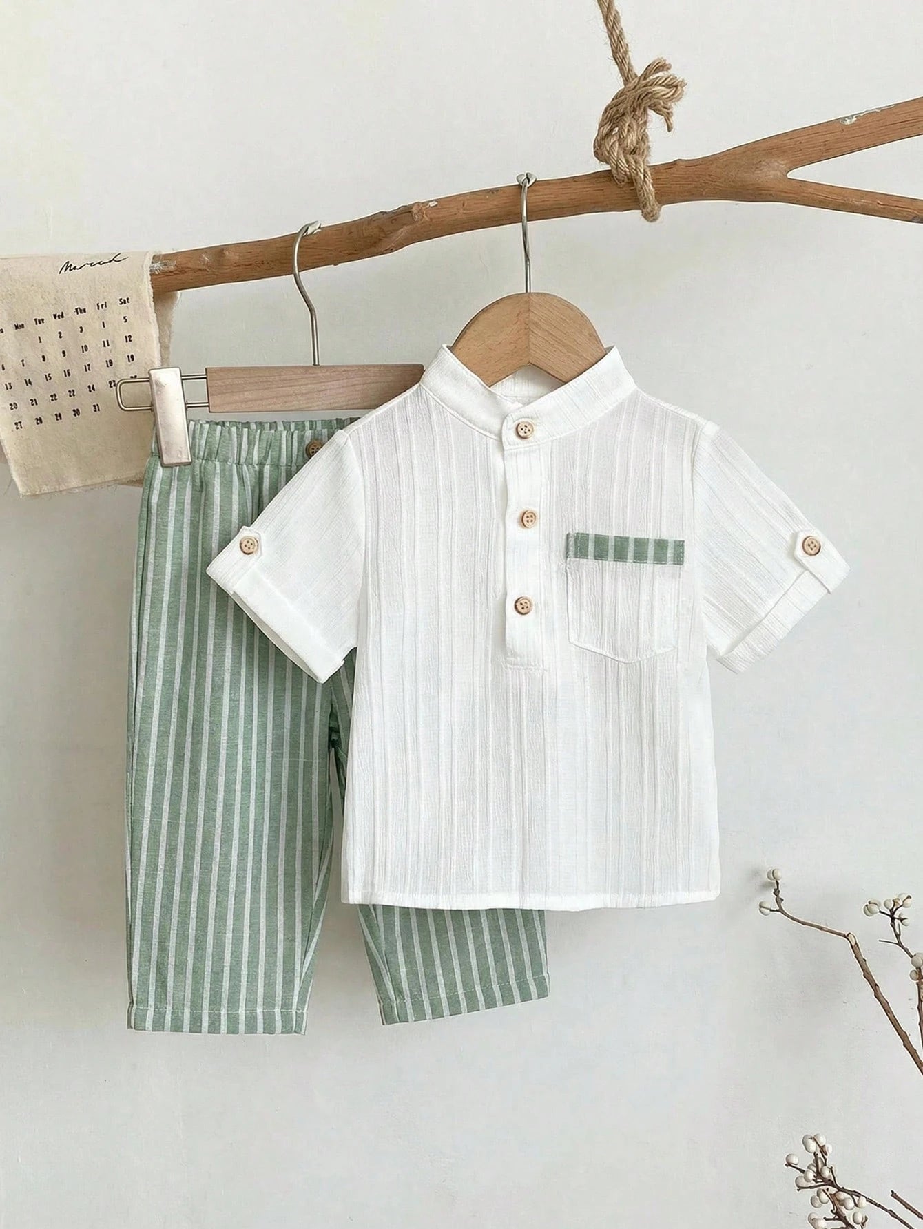 Boys Mandarin Collar Shirt & Striped Trousers Set - Ivory