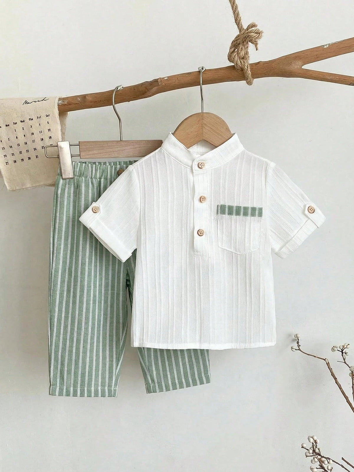 Boys Mandarin Collar Shirt & Striped Trousers Set - Ivory