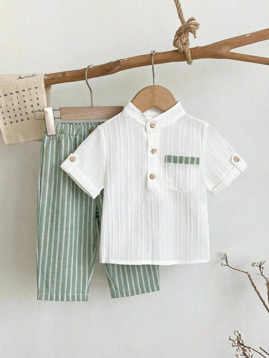 Boys Mandarin Collar Shirt & Striped Trousers Set - Ivory