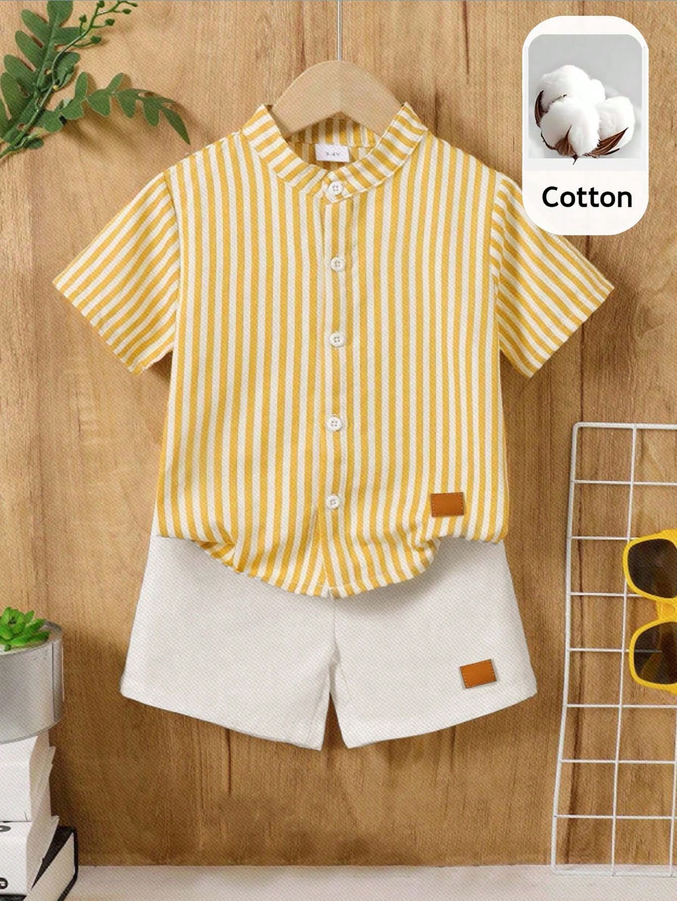 2pcs Boys Striped Stand Collar Shirt & Shorts Set - Buttercup