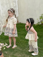 2pcs Girls Floral Embroidered Camisole Top & Wide-Leg Pants Set - E...