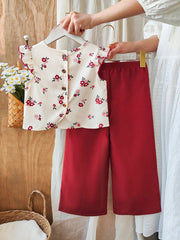 2pcs Little Girls Ditsy Floral Flutter-Sleeve Top & Wide-Leg Pants ...