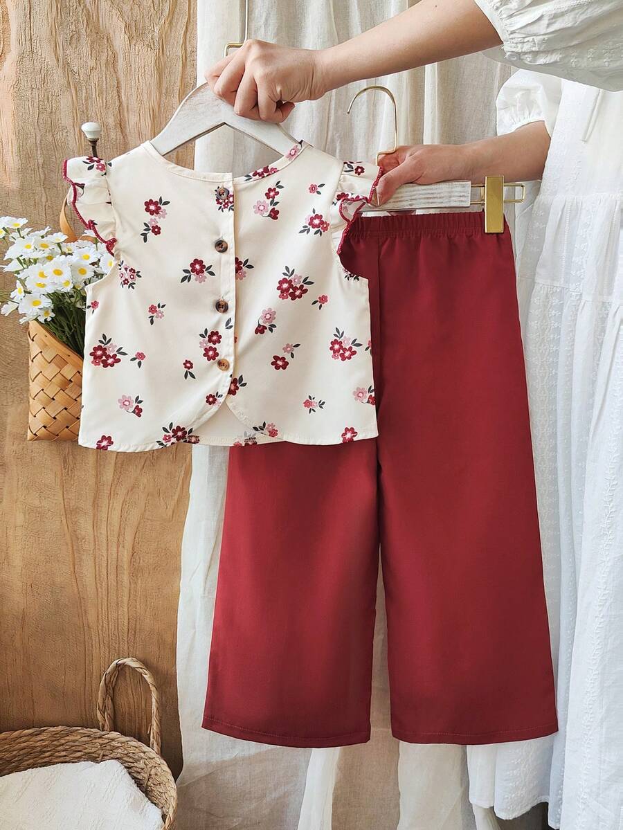 2pcs Little Girls Ditsy Floral Flutter-Sleeve Top & Wide-Leg Pants ...
