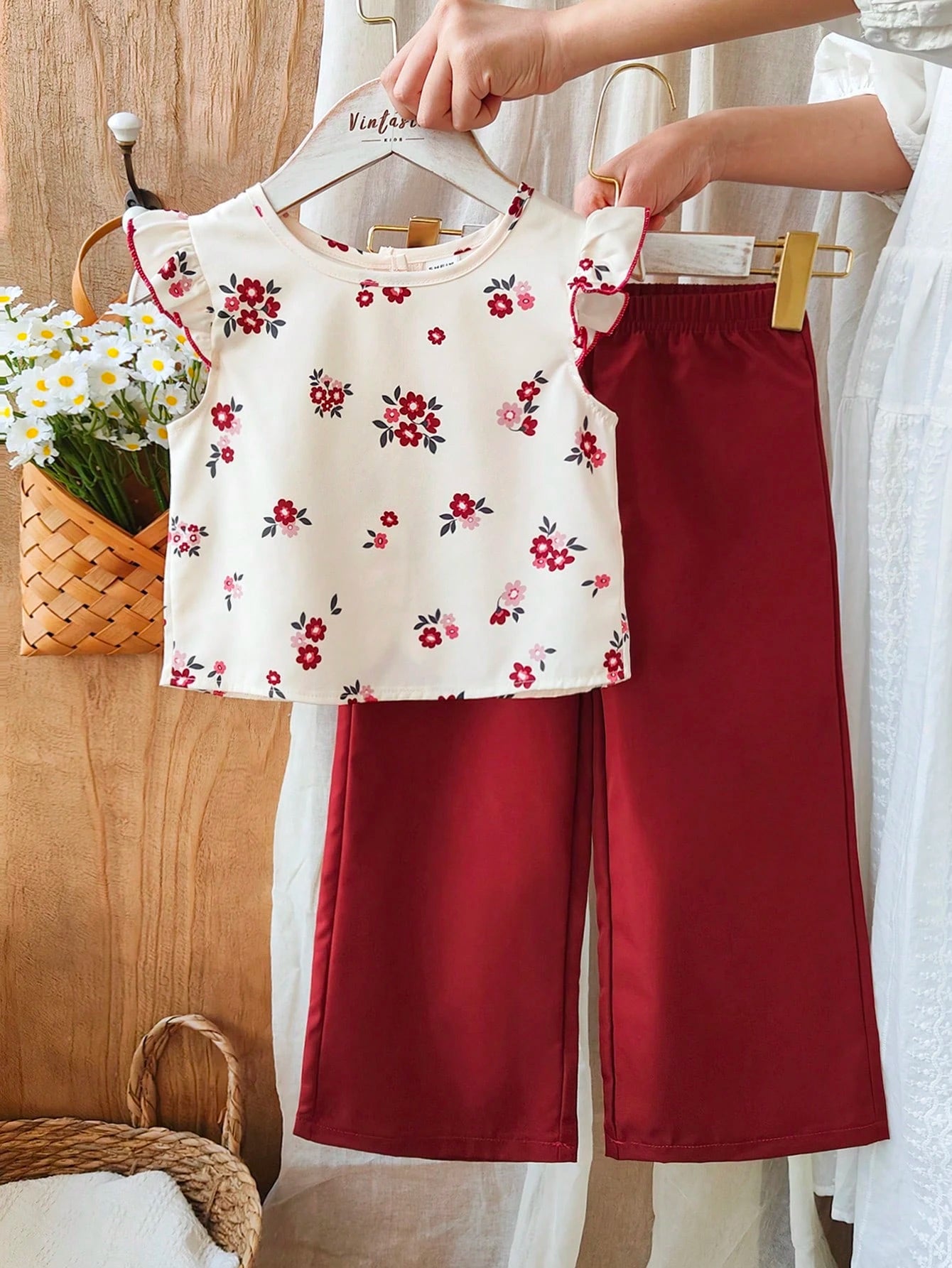 2pcs Little Girls Ditsy Floral Flutter-Sleeve Top & Wide-Leg Pants ...
