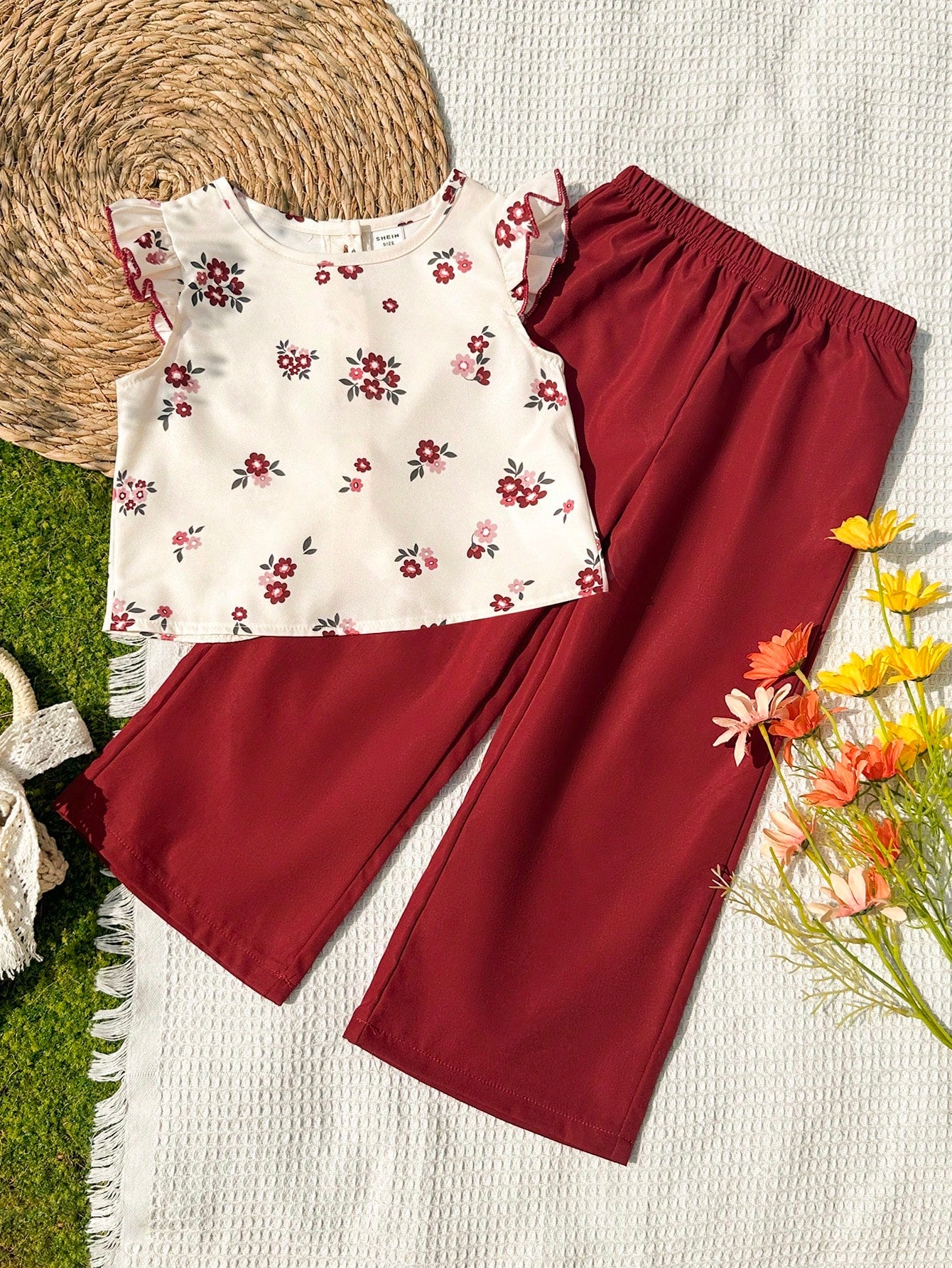 2pcs Little Girls Ditsy Floral Flutter-Sleeve Top & Wide-Leg Pants ...