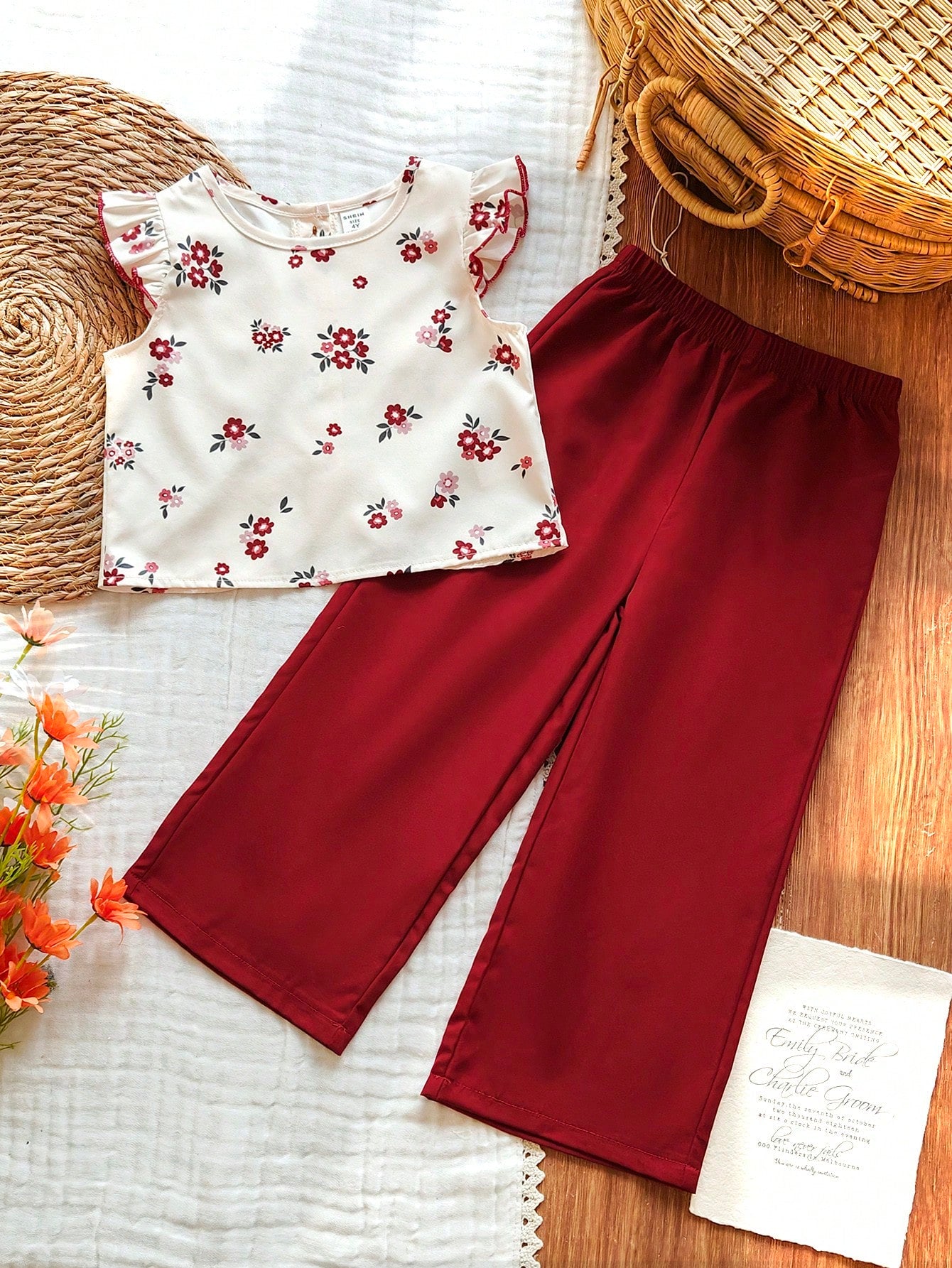 2pcs Little Girls Ditsy Floral Flutter-Sleeve Top & Wide-Leg Pants ...