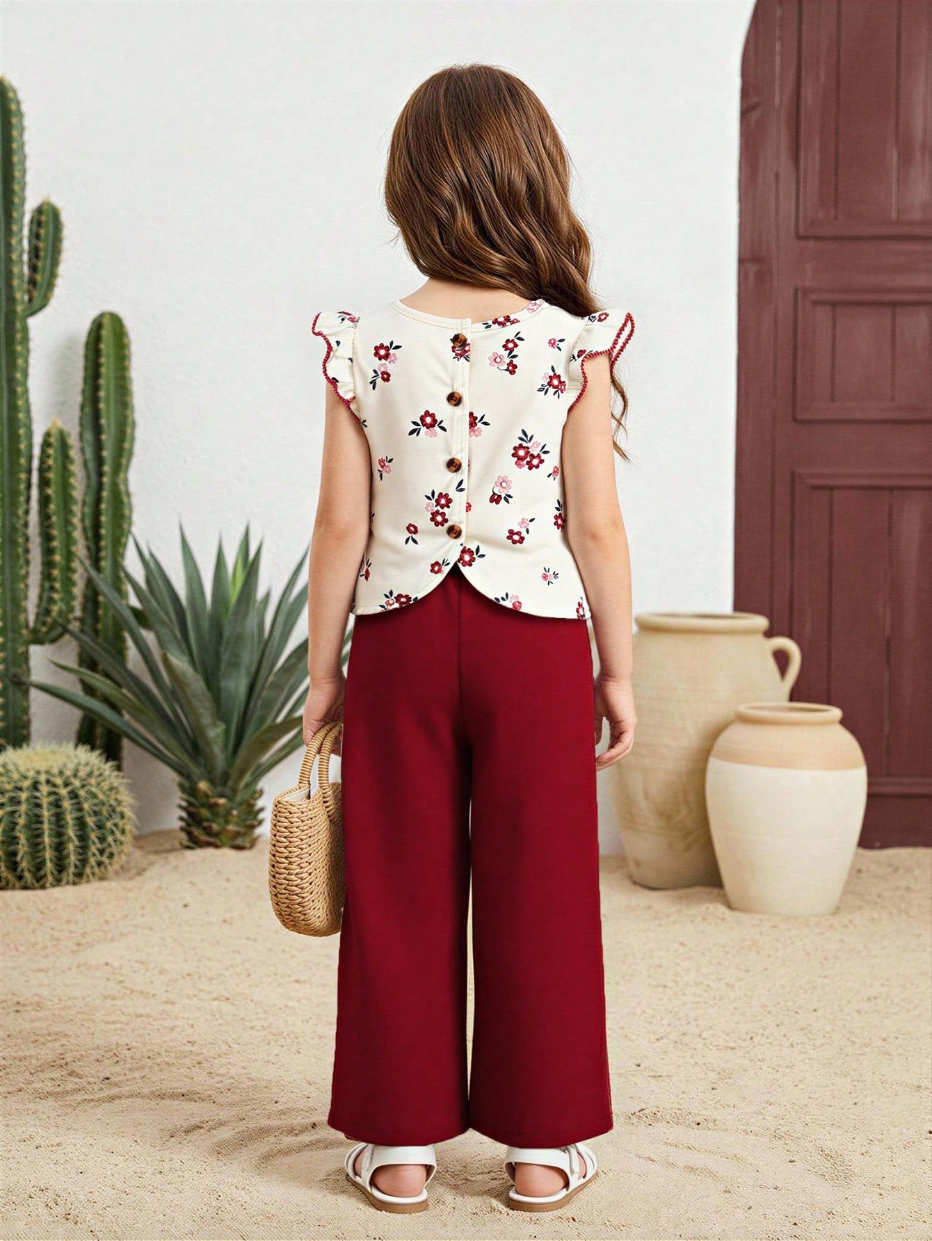 2pcs Little Girls Ditsy Floral Flutter-Sleeve Top & Wide-Leg Pants ...