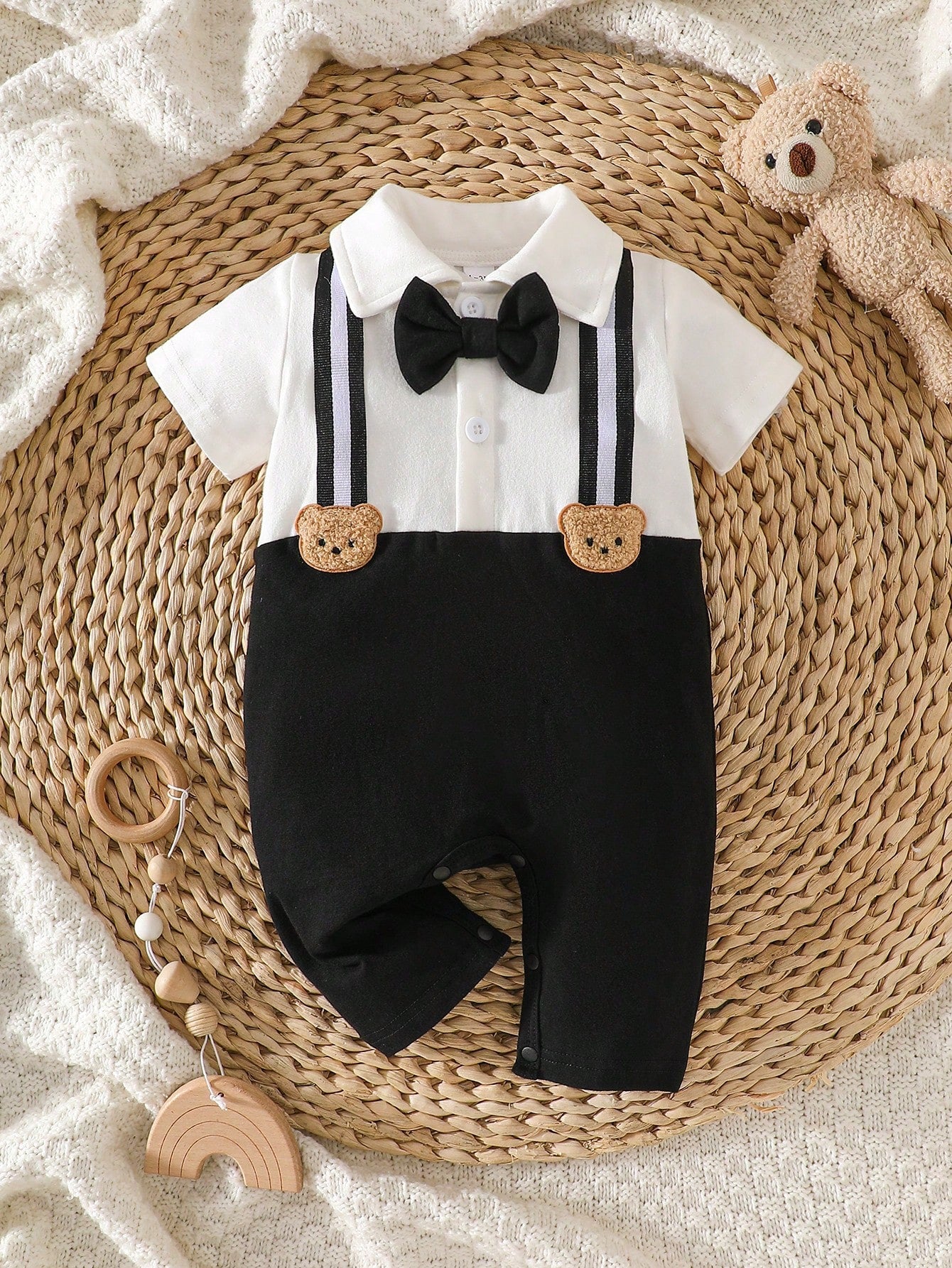 Baby Boys Bear Appliqué Bow Tie Formal Romper - Onyx | 21 Century Kids