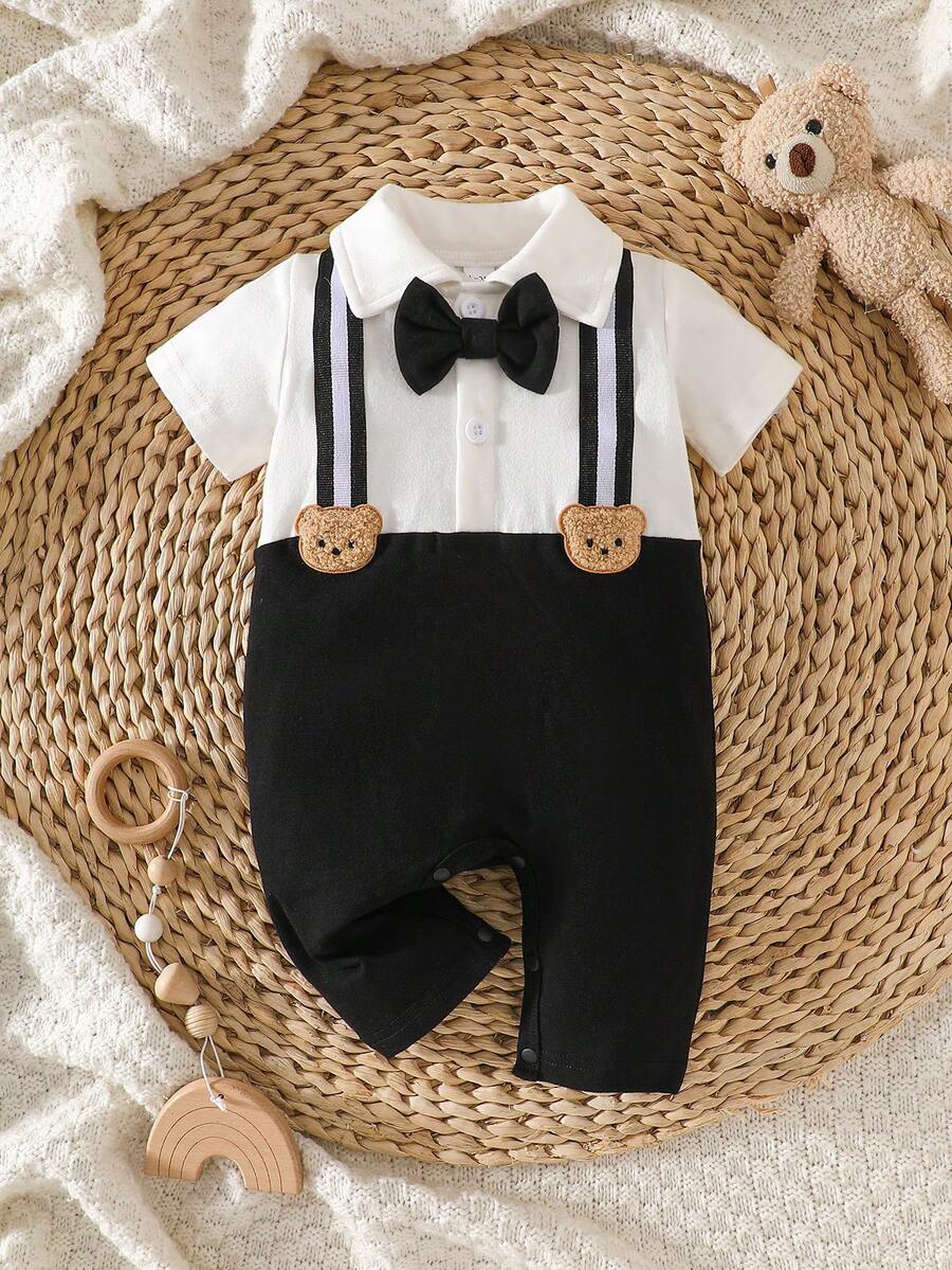 Baby Boys Bear Appliqué Bow Tie Formal Romper - Onyx | 21 Century Kids
