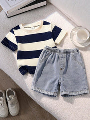 2pcs Boys Stripe Knit Tee & Denim Shorts Set - Ivory