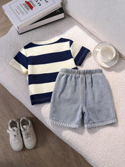 2pcs Boys Stripe Knit Tee & Denim Shorts Set - Ivory
