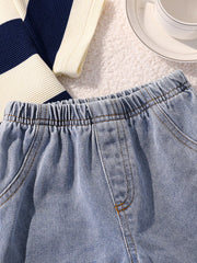 2pcs Boys Stripe Knit Tee & Denim Shorts Set - Ivory