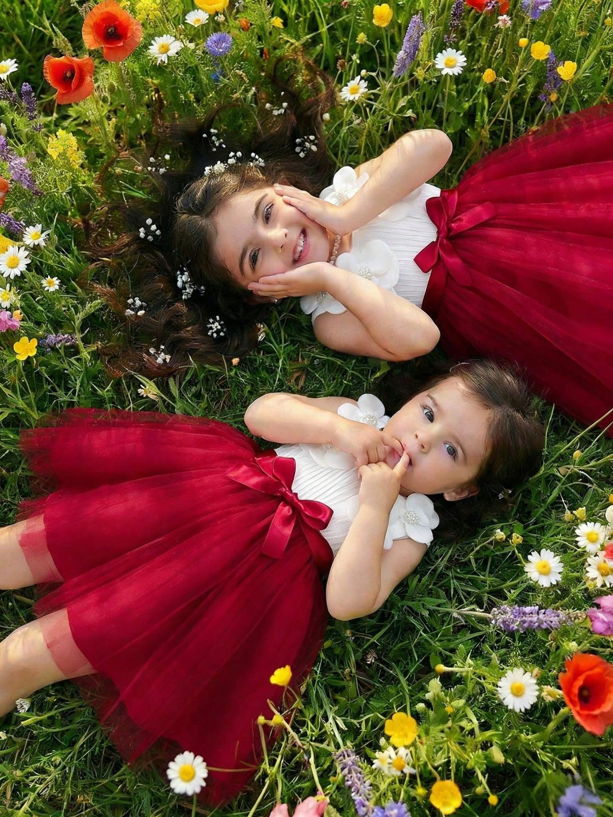 Little Girls 3D Floral Tulle Fit & Flare Dress - Crimson