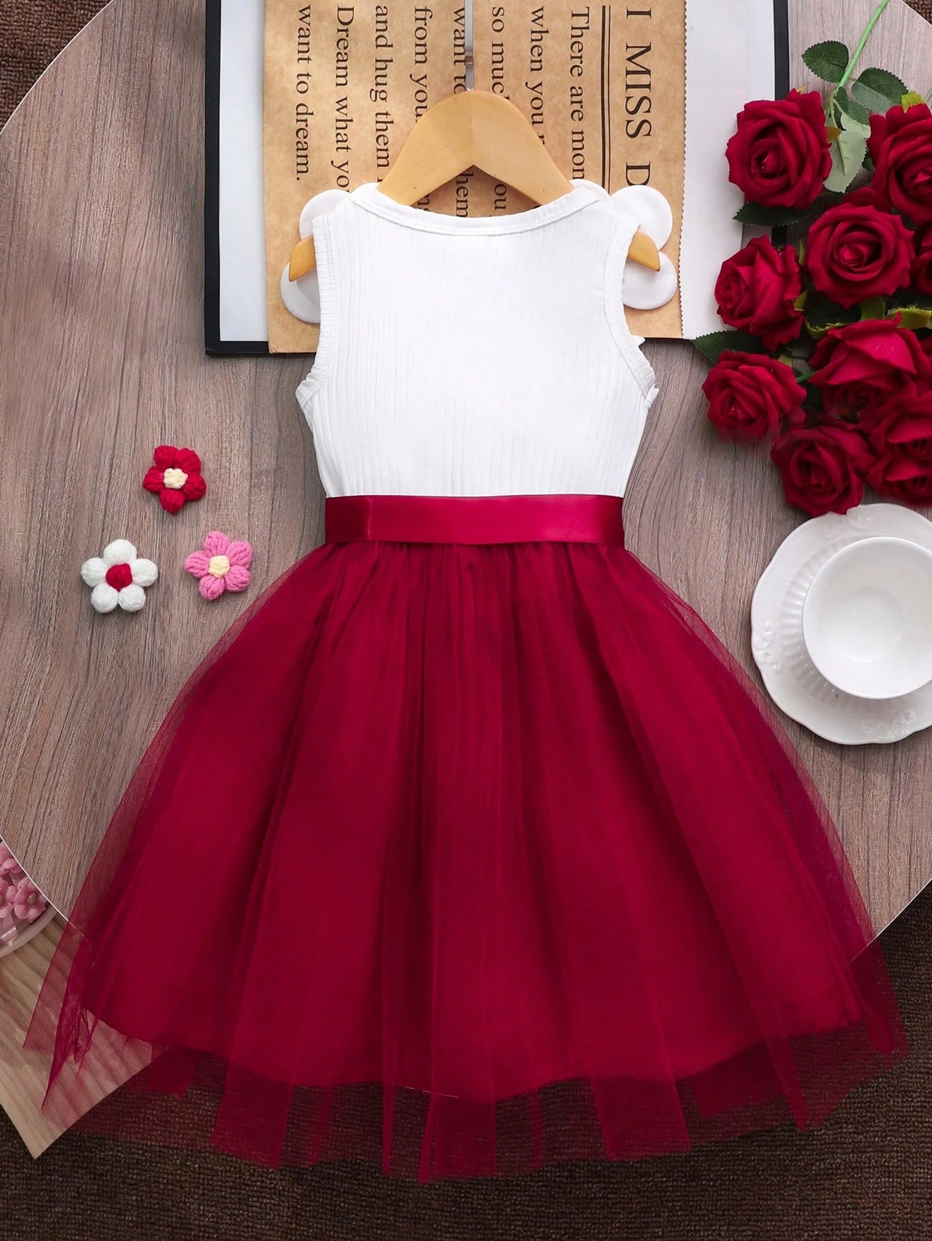 Little Girls 3D Floral Tulle Fit & Flare Dress - Crimson