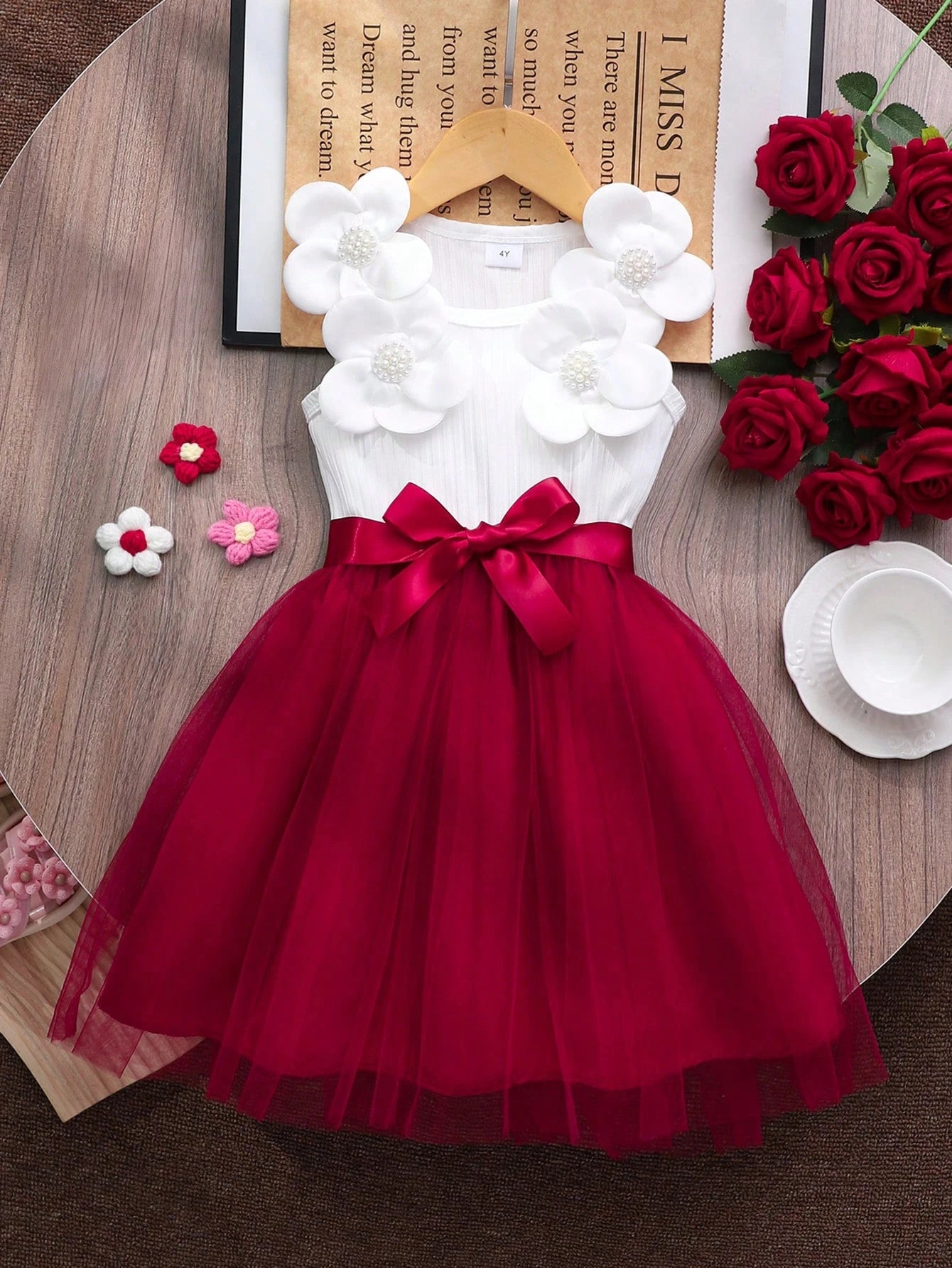 Little Girls 3D Floral Tulle Fit & Flare Dress - Crimson