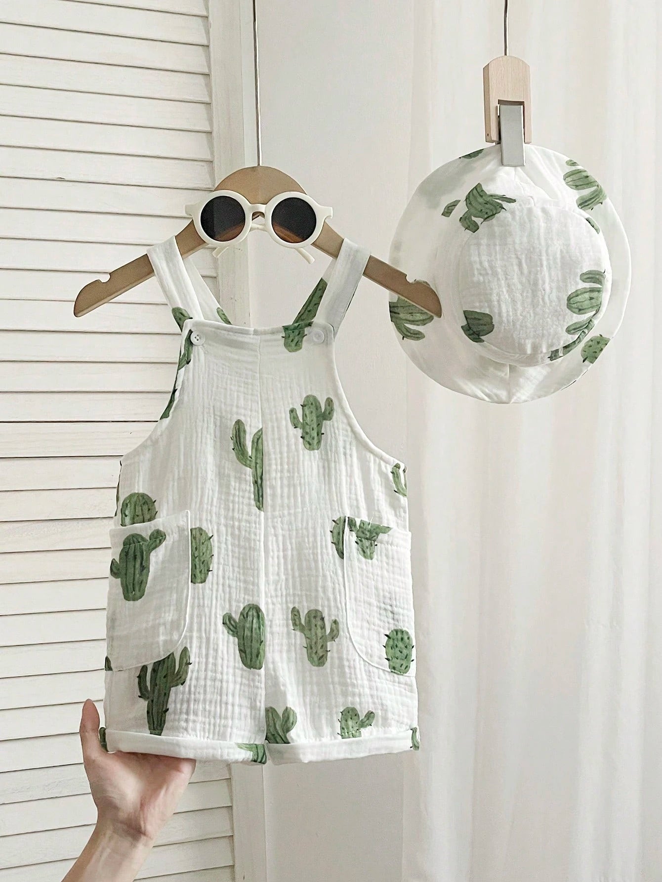 2pcs Boys Cactus Print Muslin Dungaree & Bucket Hat Set - Ivory | 2...