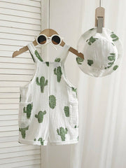 2pcs Boys Cactus Print Muslin Dungaree & Bucket Hat Set - Ivory | 2...
