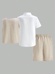 3pcs Big Boys Linen Waistcoat, Polo Shirt & Shorts Set - Buff | 21 ...