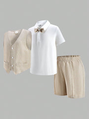 3pcs Big Boys Linen Waistcoat, Polo Shirt & Shorts Set - Buff | 21 ...