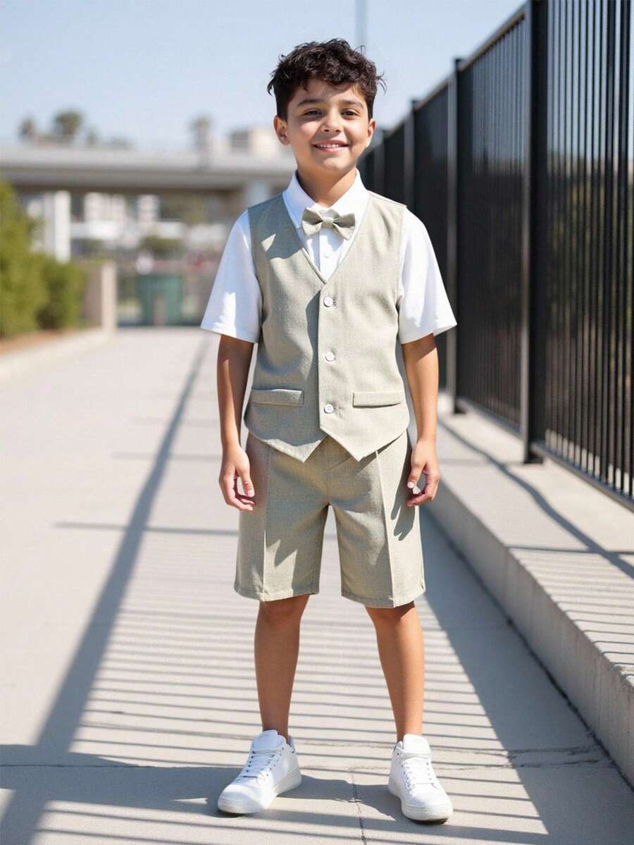 3pcs Big Boys Linen Waistcoat, Polo Shirt & Shorts Set - Buff | 21 ...