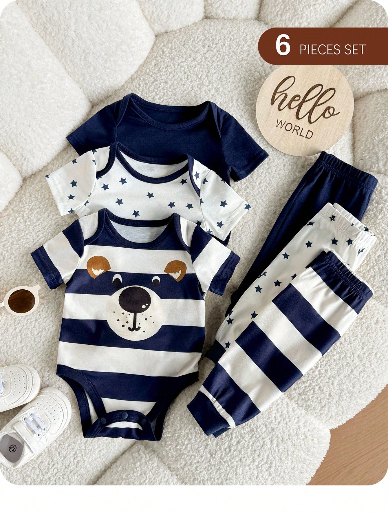 6pcs Baby Boys Bear Stripe & Star Print Bodysuit & Pants Set - Midn...