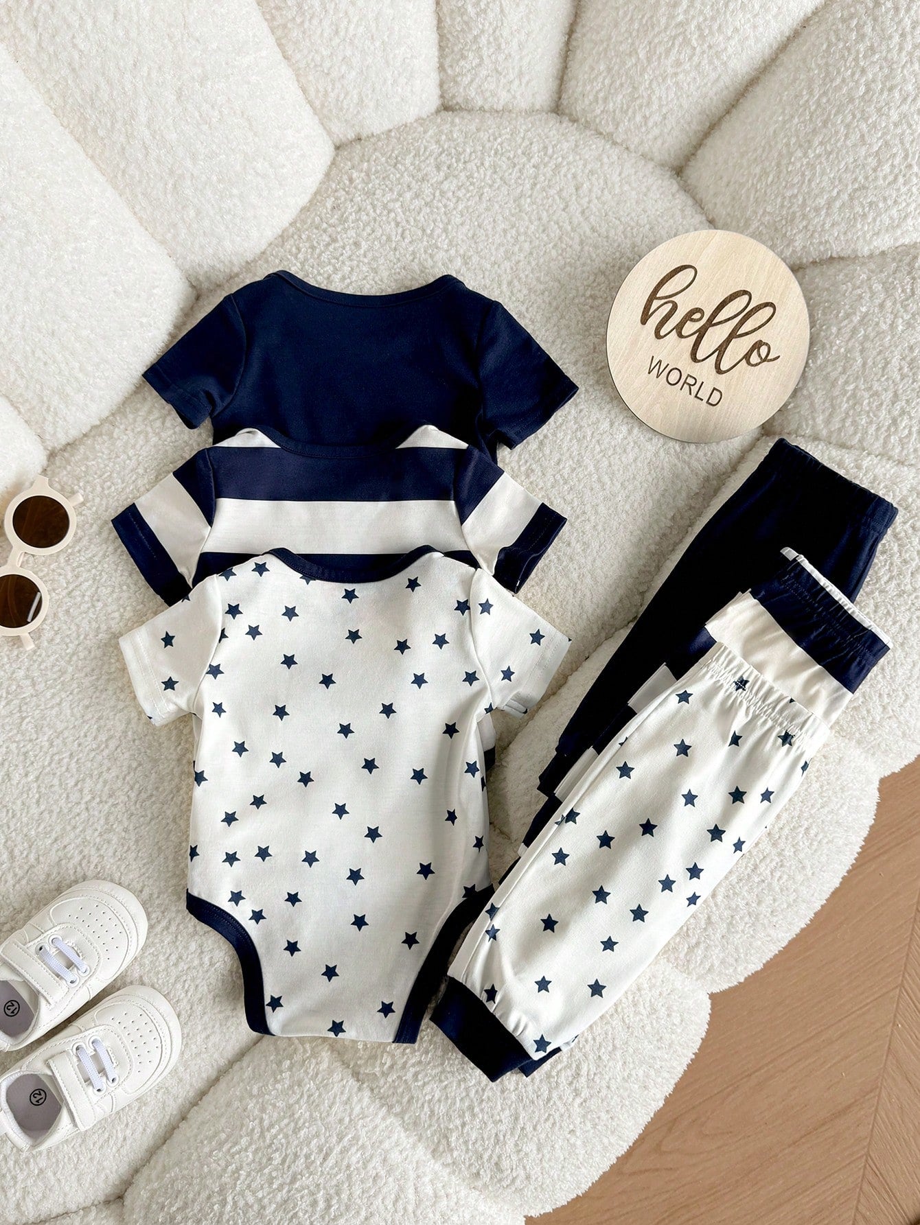 6pcs Baby Boys Bear Stripe & Star Print Bodysuit & Pants Set - Midn...