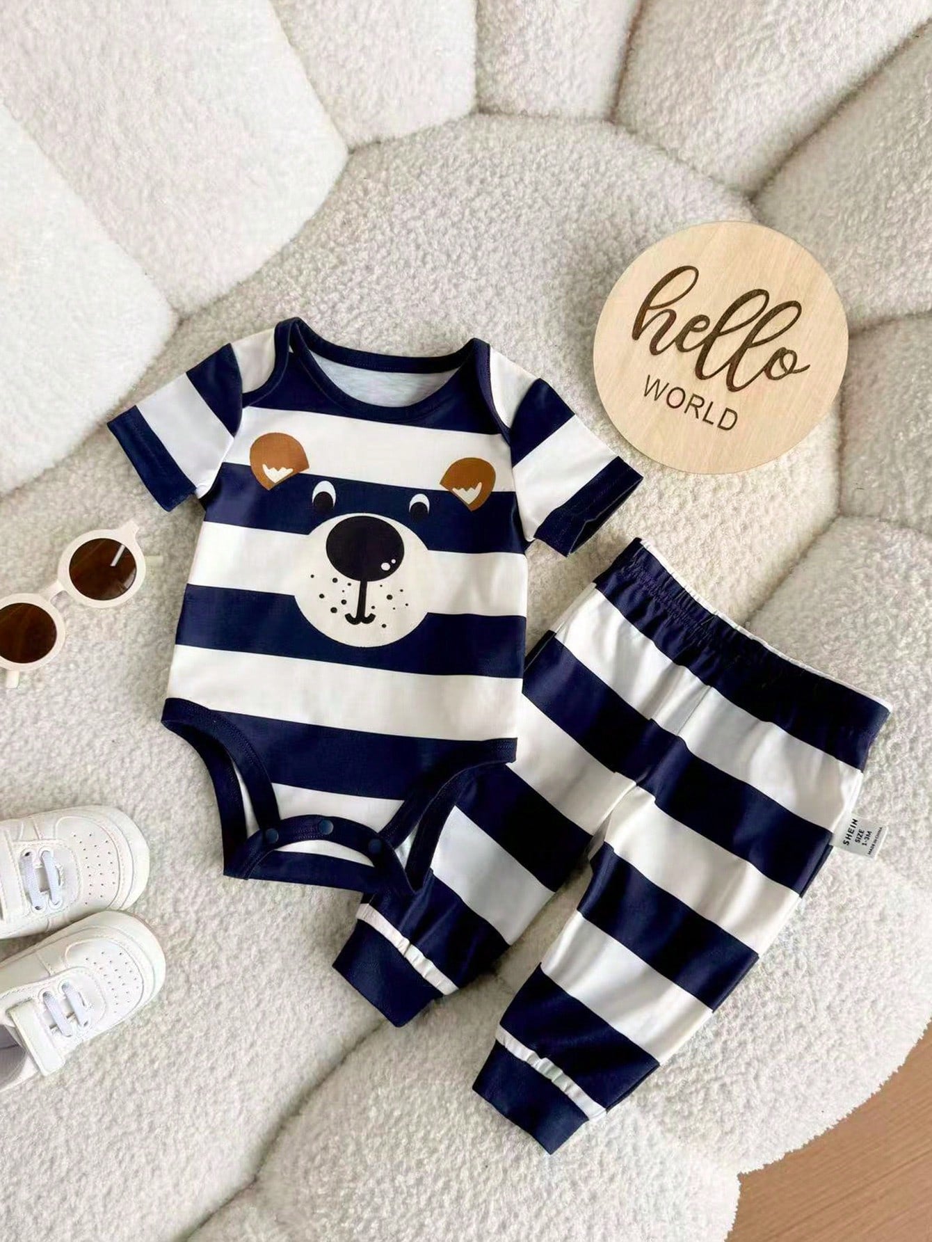 6pcs Baby Boys Bear Stripe & Star Print Bodysuit & Pants Set - Midn...
