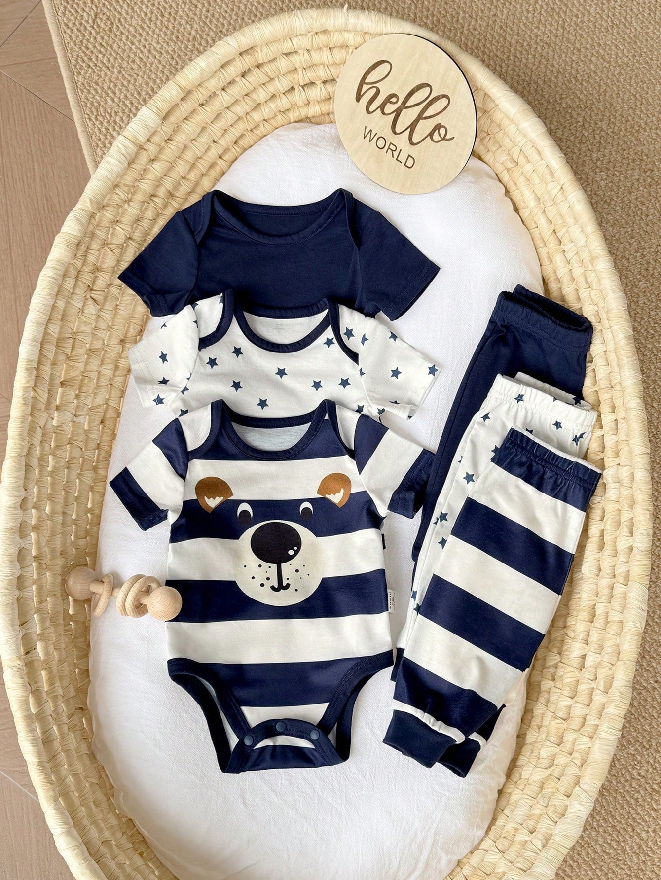 6pcs Baby Boys Bear Stripe & Star Print Bodysuit & Pants Set - Midn...