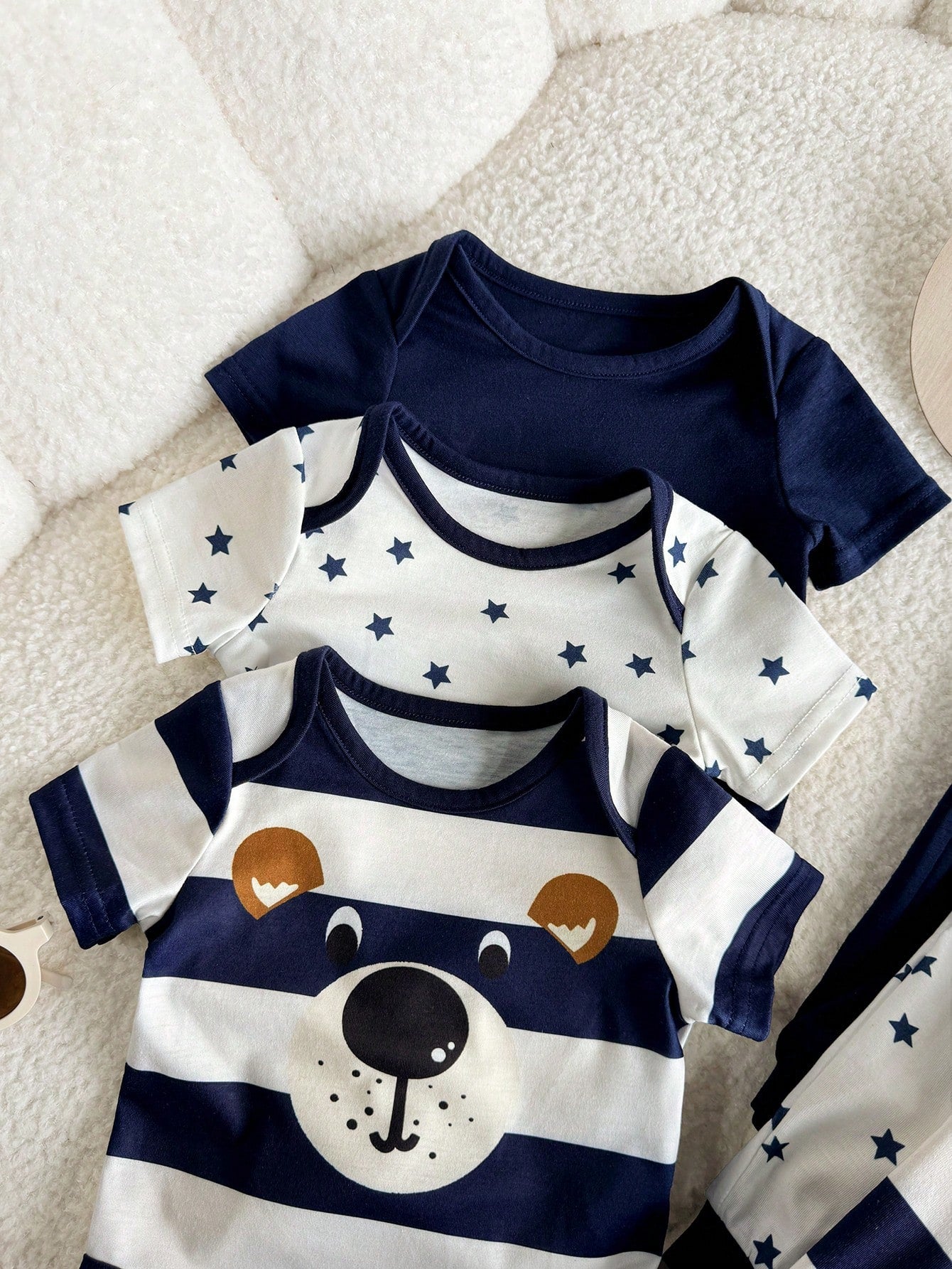 6pcs Baby Boys Bear Stripe & Star Print Bodysuit & Pants Set - Midn...